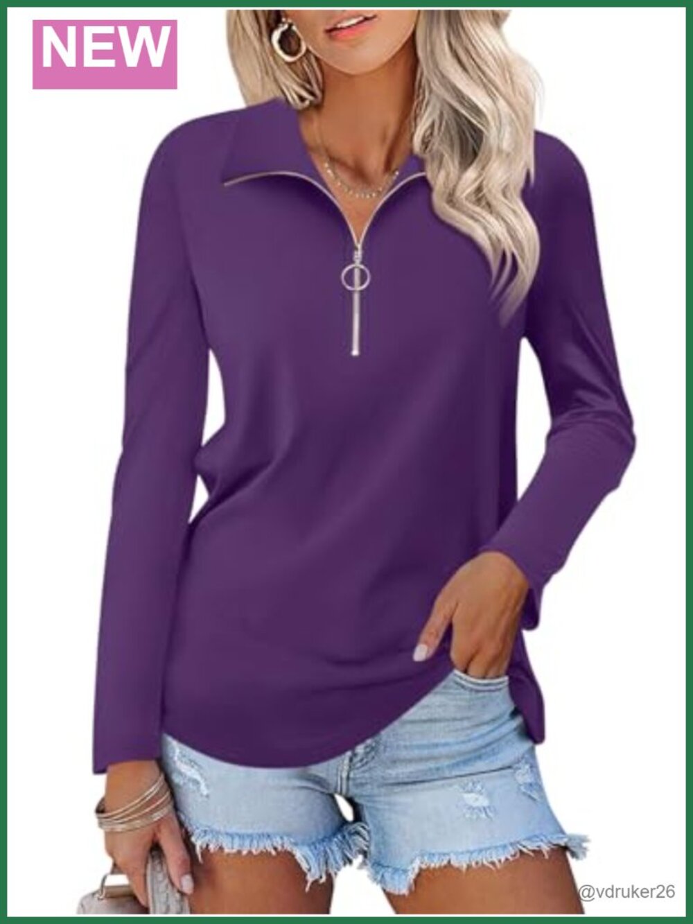 Women's Quarter Zip Polo Shirt Long Sleeve V Neck Collared Top